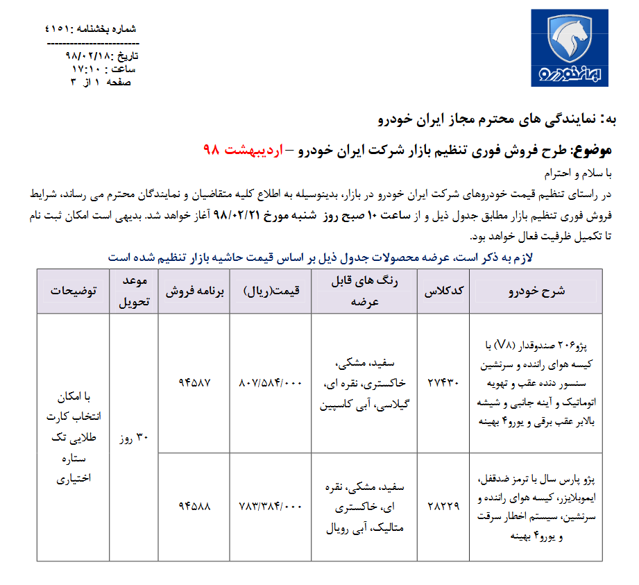 شرایط فروش فوری محصولات ایران خودرو برای شنبه 21 اردیبهشت